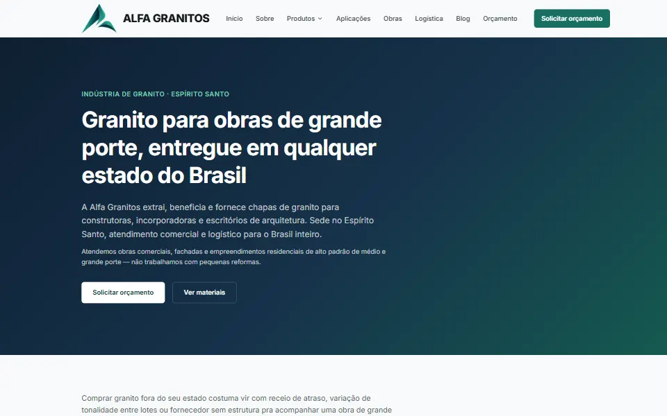 Página inicial do site Alfa Granitos